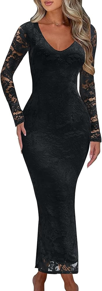 Ekaliy Women Bodycon Maxi Dress 2025 Fall Floral Lace Elegant Flare Sleeve Fitted Formal Wedding ... | Amazon (US)