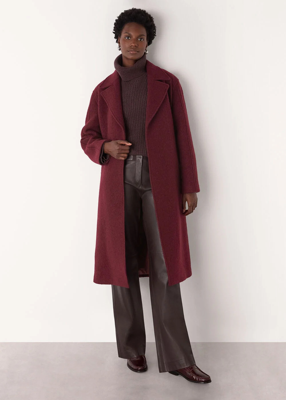Burgundy Long Belted Wool Coat | WHISTLES | Whistles UK | | Whistles