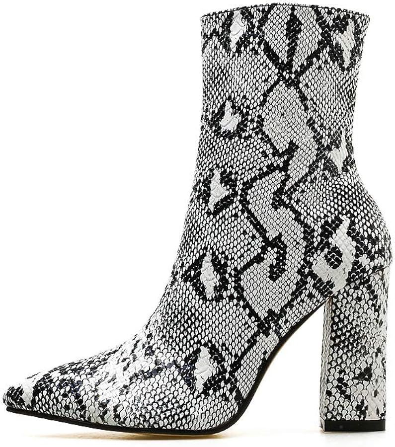 Womens Pointed Ankle Boots With Block Heels In Snake Print Bootie | Amazon (US)