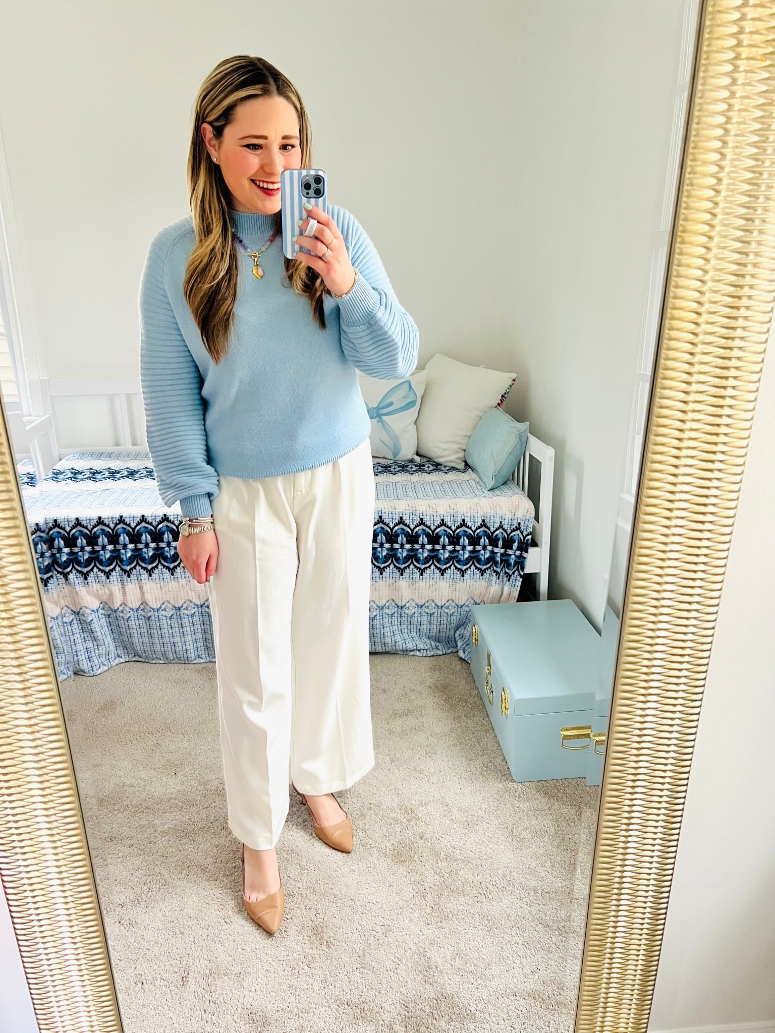Cold weather spring work outfit || Blue and white outfit 

#LTKWorkwear #LTKootd