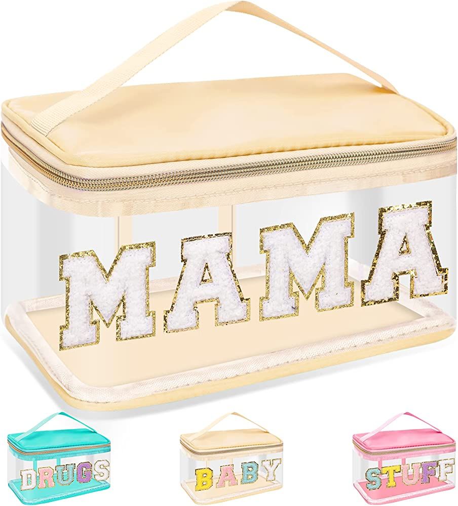 Chenille Letter Clear Makeup Bags Mama Pouch, Preppy Patch Makeup Bag Zipper with Handle, Transpa... | Amazon (US)