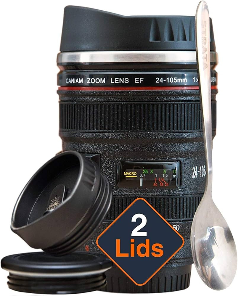 STRATA CUPS Camera Lens Coffee Mug -13.5oz | (2 LIDS + SPOON + BAG) Gifts for Him, Dad Gifts, Pho... | Amazon (US)