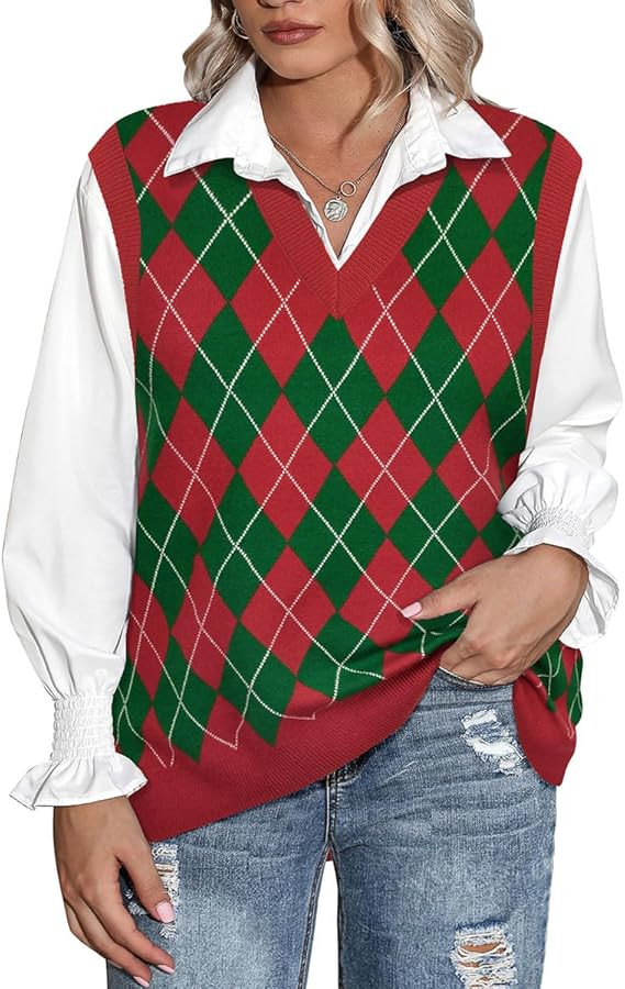 CARCOS Plus Size Sweater Vest for Women Preppy Style V Neck Sleeveless Sweaters Knit Pullover Tan... | Amazon (US)