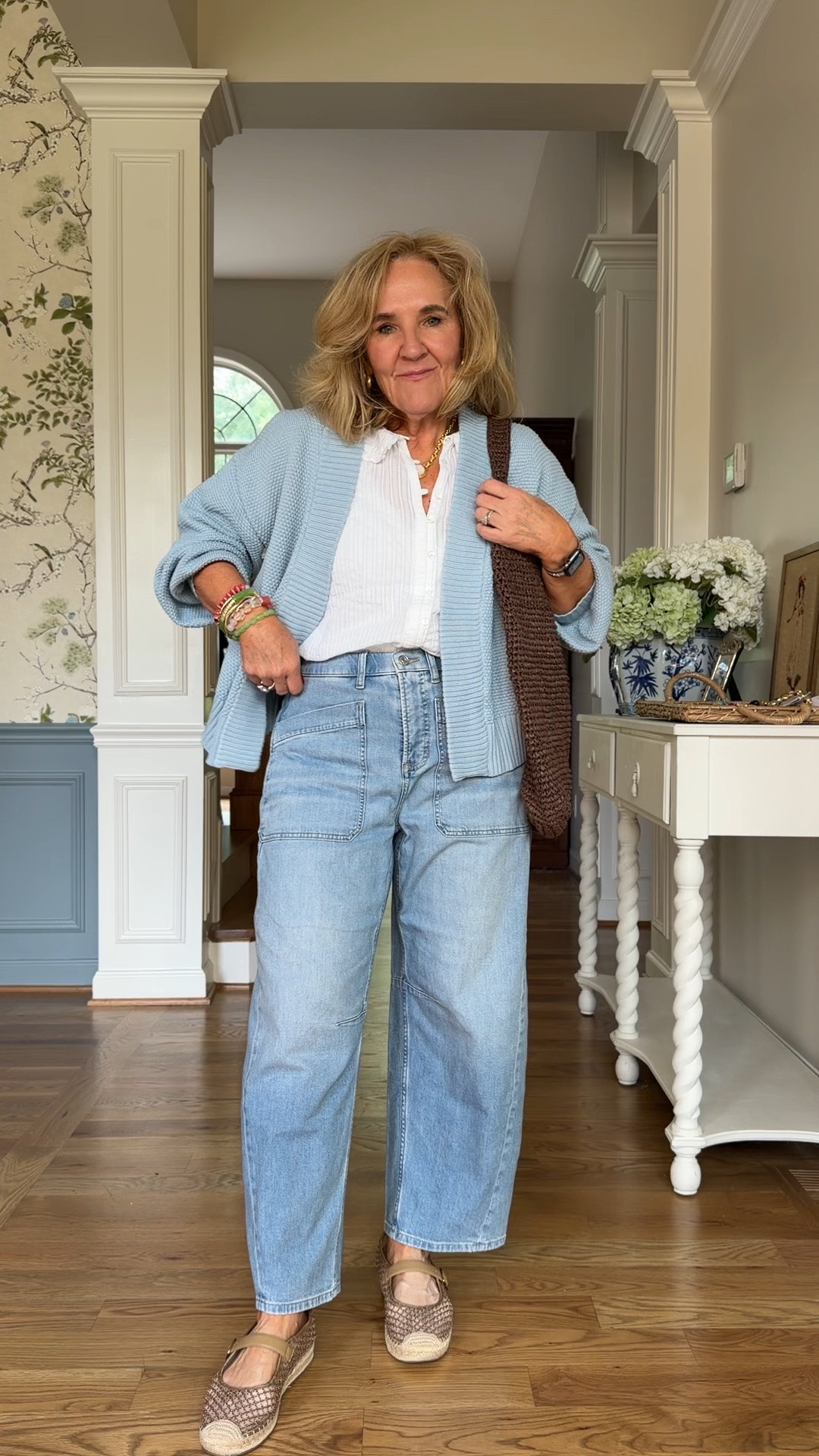 New lightweight spanx denim size medium petite and they’re def roomy through the hips. Super comfy and great for the warmer temps 
The lightwash im wearing is almost gone. 
Sweater size medium. Blouse size medium. 
Shoes selling fast! Check both links for your size. 
20% off my bracelet stack code NANETTE20

#LTKOver40 #LTKootd #LTKPetite