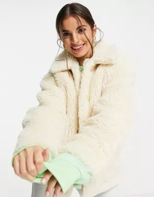 Monki Marion recycled short teddy jacket in beige | ASOS (Global)