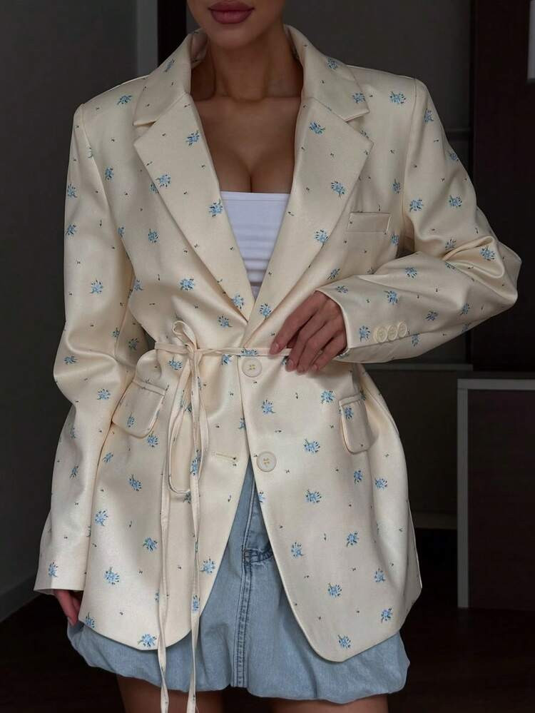 Chaqueta Blazer Con Bolsillo Anudado Y Cordón Ajustable Con Estampado Floral Completo, Ropa De Primavera/Otoño Para Playa/Resort | SHEIN