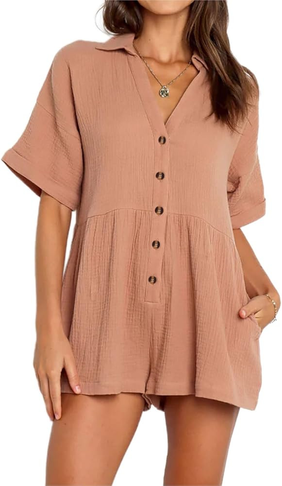 R.Vivimos Summer Jumpsuits for women Casual Cotton V Neck Short Sleeve Button-Down Loose Fit Romp... | Amazon (US)