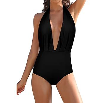 SHEKINI Women's Retro Deep V-Neck Bathing Suit Backless High Waisted One Piece Swimsuit | Amazon (US)