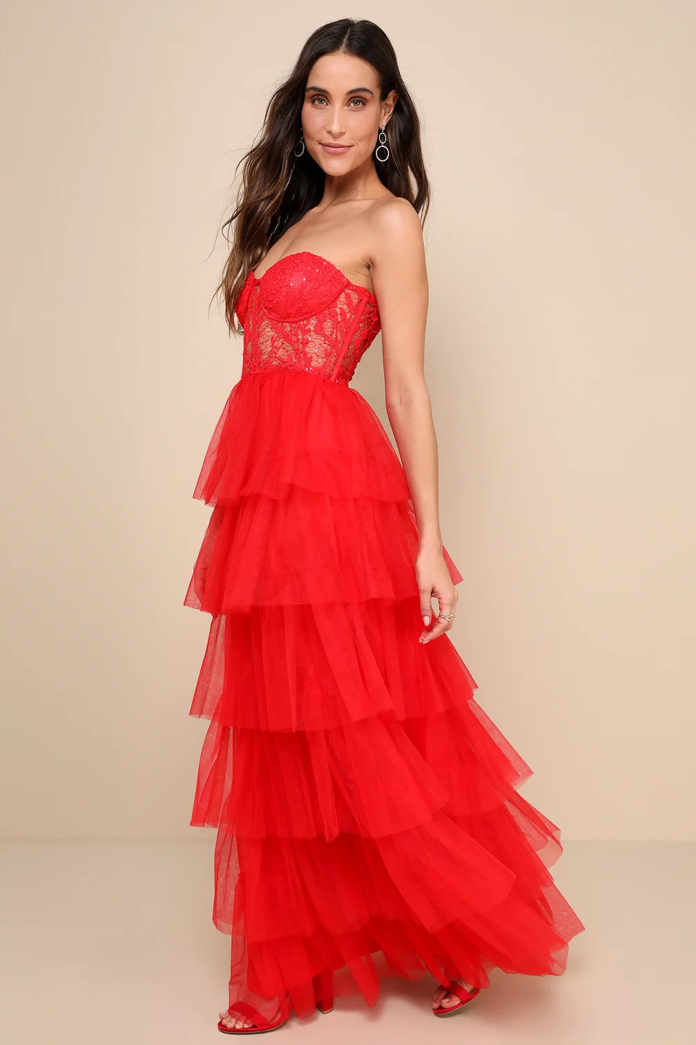 Radiant Design Red Tulle Lace Strapless Bustier Maxi Dress | Lulus