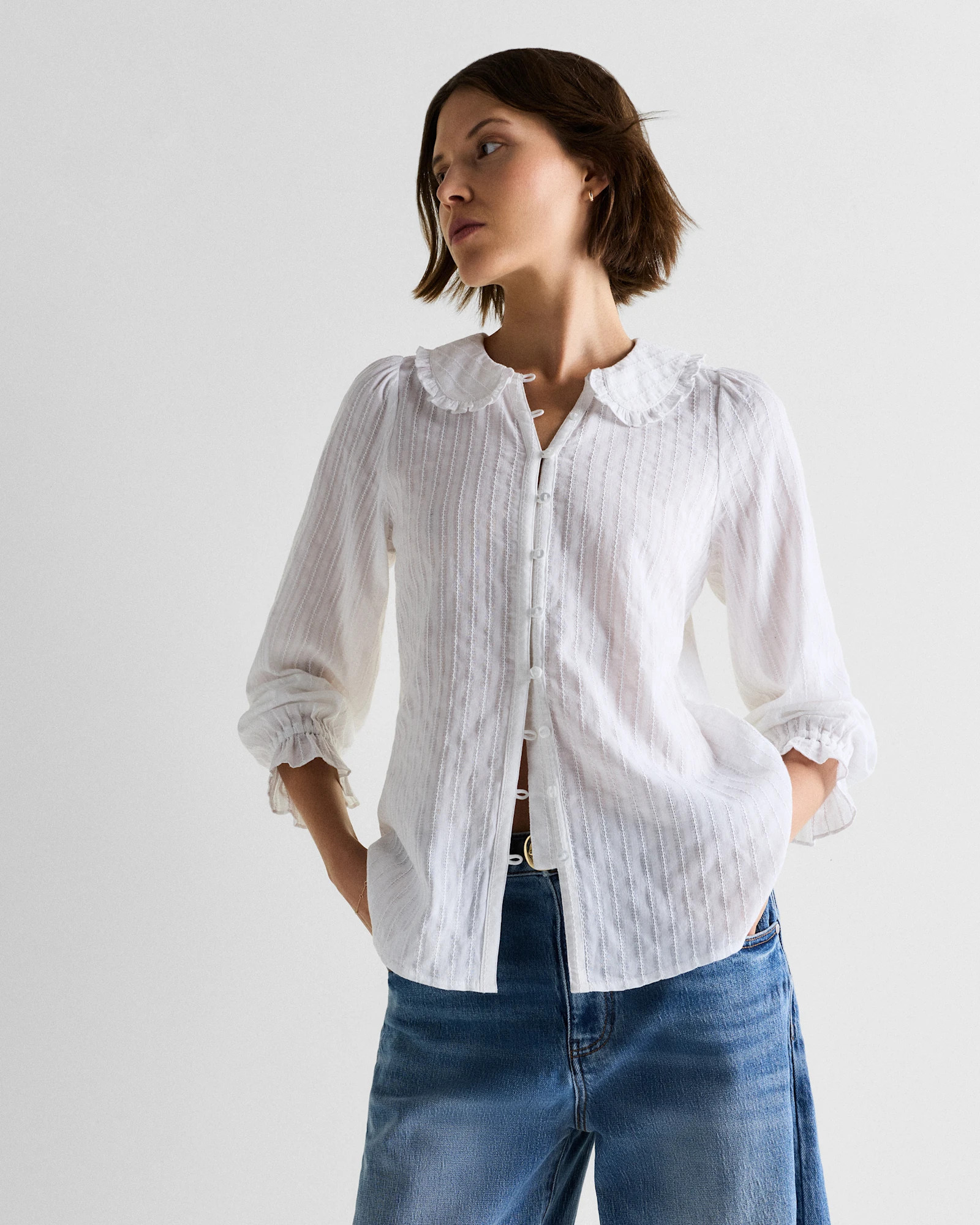 Quince | Women's Embroidered Cotton Ruffle Collar Long Sleeve Blouse in True Black, Size Medium, Organic Cotton | Quince