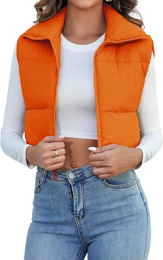 PEHMEA Women's Crop Padded Vest Stand Collar Lightweight Sleeveless Puffer Zipper Gilet Outerwear | Amazon (US)