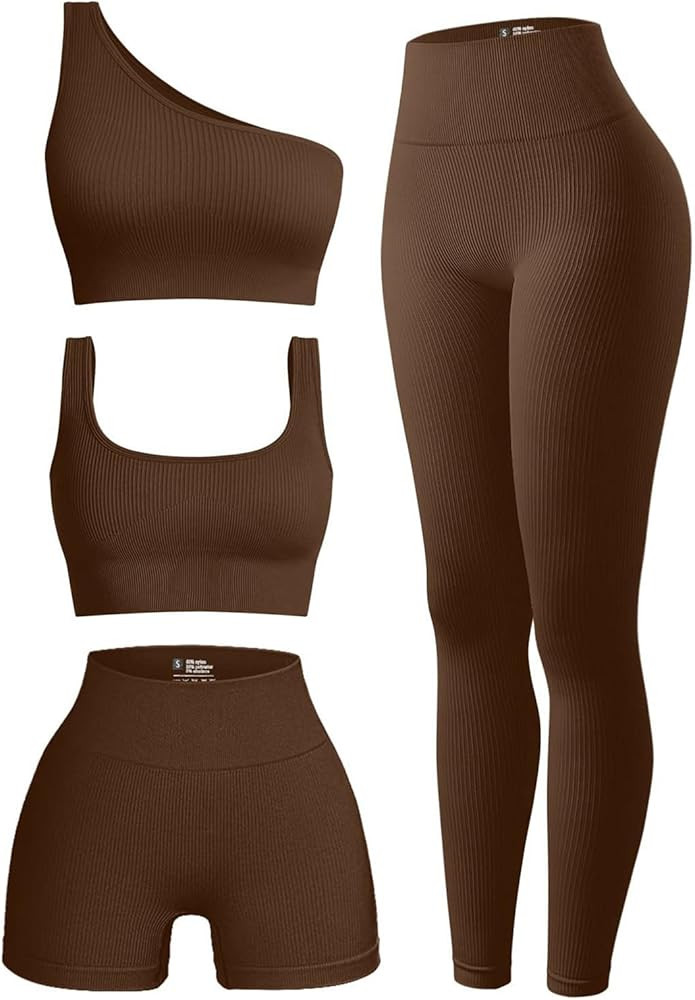 4 Piece Workout Sets For Women Ribbed Leggings Clothes Yoga Sets Active Wear Matching Work Out Se... | Amazon (US)