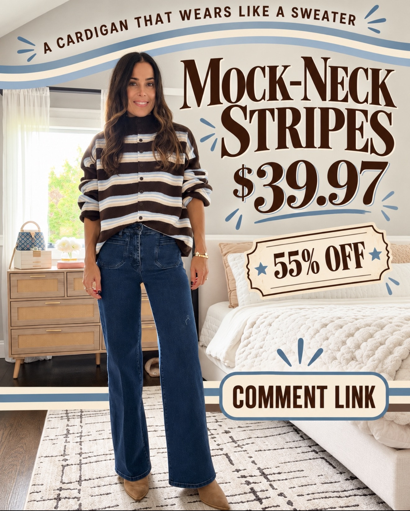 A cardigan that wears like a sweater 🤎 I love the cozy mock neck and that little dusty-blue stripe! It’s such a fun fall update and currently $39.97—55% off.

Comment LINK and I’ll send it to you.

#LTKOver40 #LTKmomlife #LTKootd