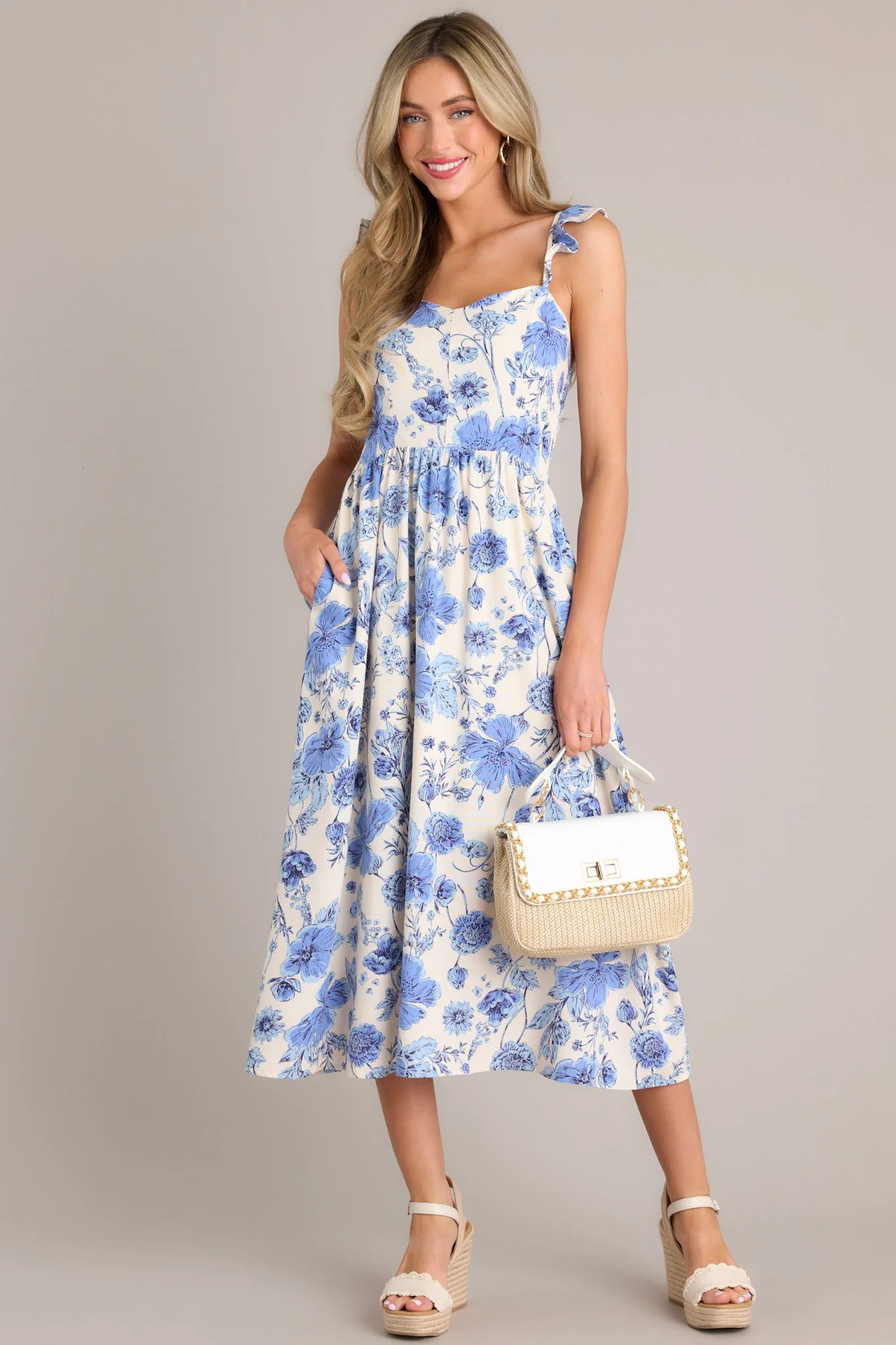 Blossoms Of Belief Ivory & Blue Floral Midi Dress | Red Dress