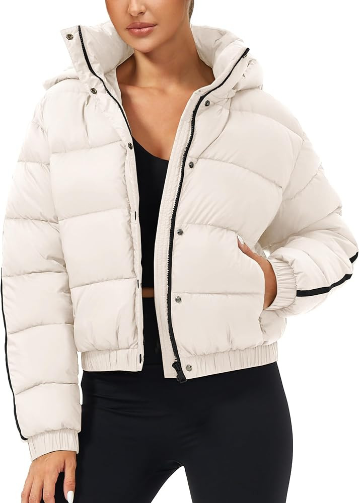 Tankaneo Womens Cropped Puffer Jacket Hooded Quilted Contrast Trim Short Down Coats Outerwear Win... | Amazon (US)