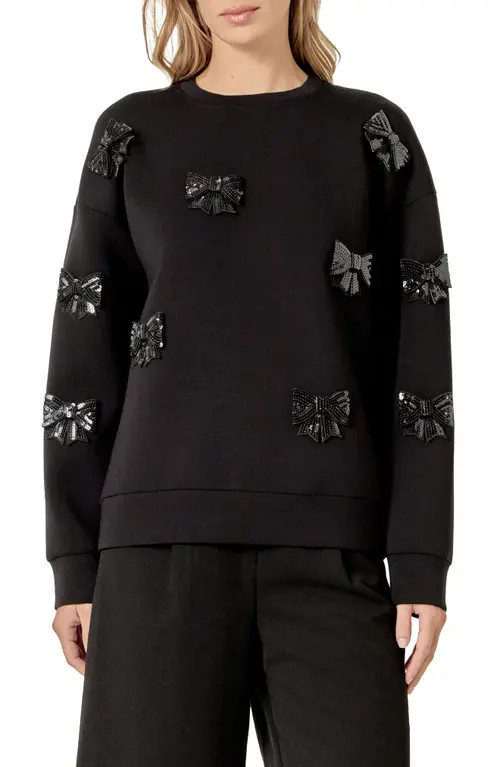 English Factory Sequin Bow Scuba Sweatshirt in Black at Nordstrom, Size Small | Nordstrom
