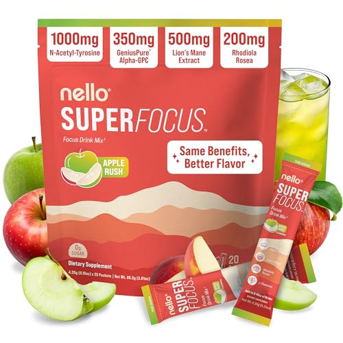 Nello Superfocus – Nootropic Focus Drink Mix for Productivity, Caffeine, L-Theanine, Rhodiola Rosea, Alpha-GPC, Lion’s Mane, Tyrosine, Sugar-Free Packets - (20 Servings (Non-Caffeinated), Apple Rush) | Amazon (US)