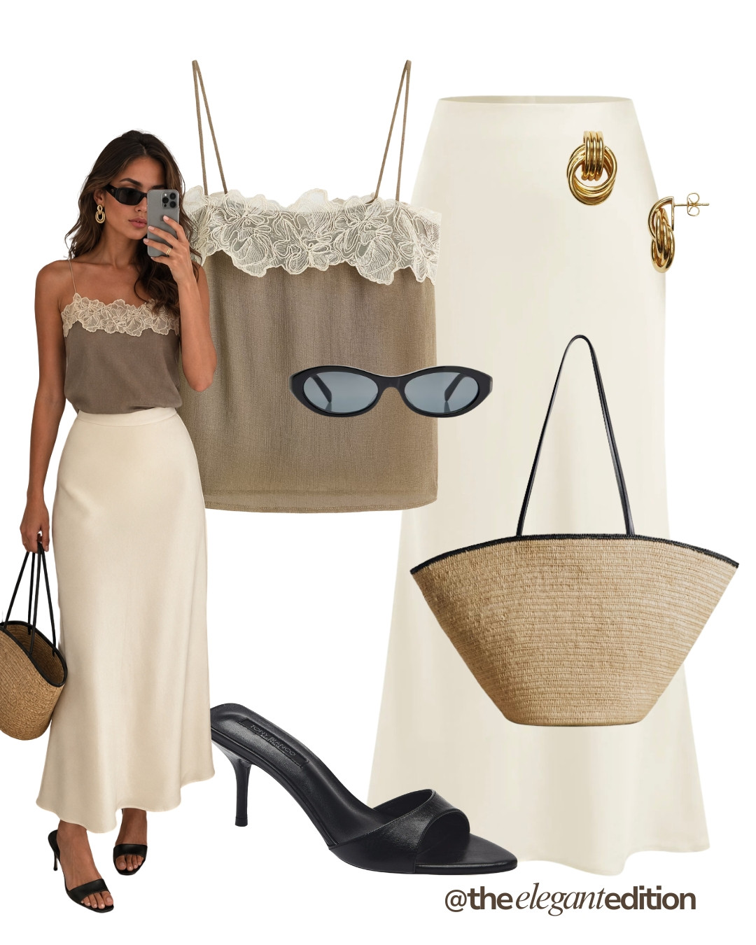 LACE CAMI & SATIN SKIRT LOOK 🤍🤎 — Taupe lace trim cami top, ivory satin maxi skirt, straw tote bag and black kitten heel mules. Soft, feminine and effortlessly elegant for summer evenings.
#summeroutfit #oldmoney #quietluxury #satinmaxi #LTKsummer #LTKstyletip 

 #LTKeurope #LTKsummer #LTKstyletip