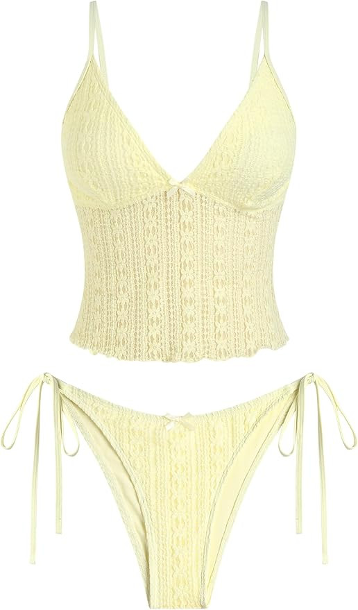 ZAFUL Tankini Swimsuits for Women Lace Jacquard Bowknot Decor Tummy Control High Cut Tanga Tankin... | Amazon (US)
