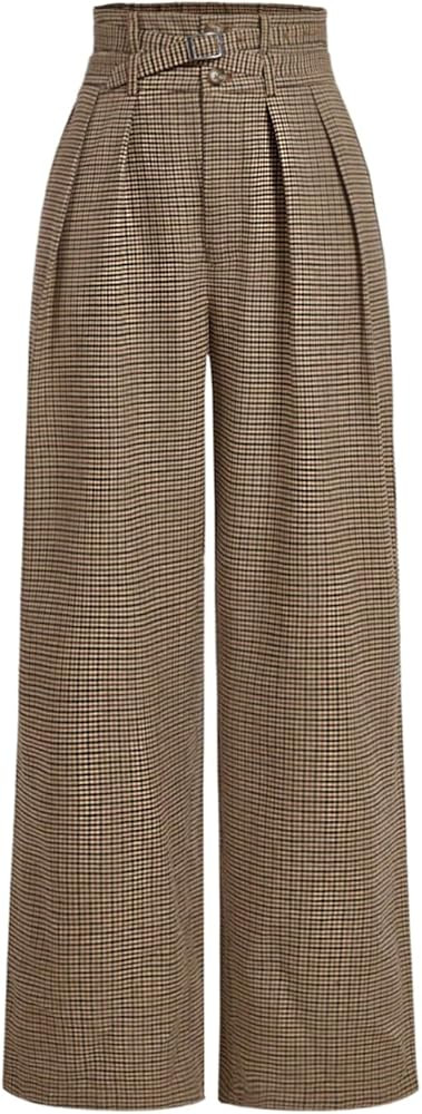 MakeMeChic Women's Plaid Business Pants High Waist Wide Leg Office Work Trousers with Belted | Amazon (US)