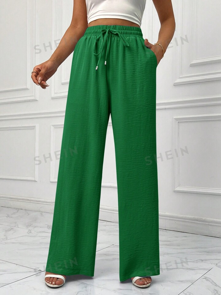 SHEIN Essnce Solid Color Drawstring High Waist Slant Pocket Wide Leg Long Pants | SHEIN USA | SHEIN