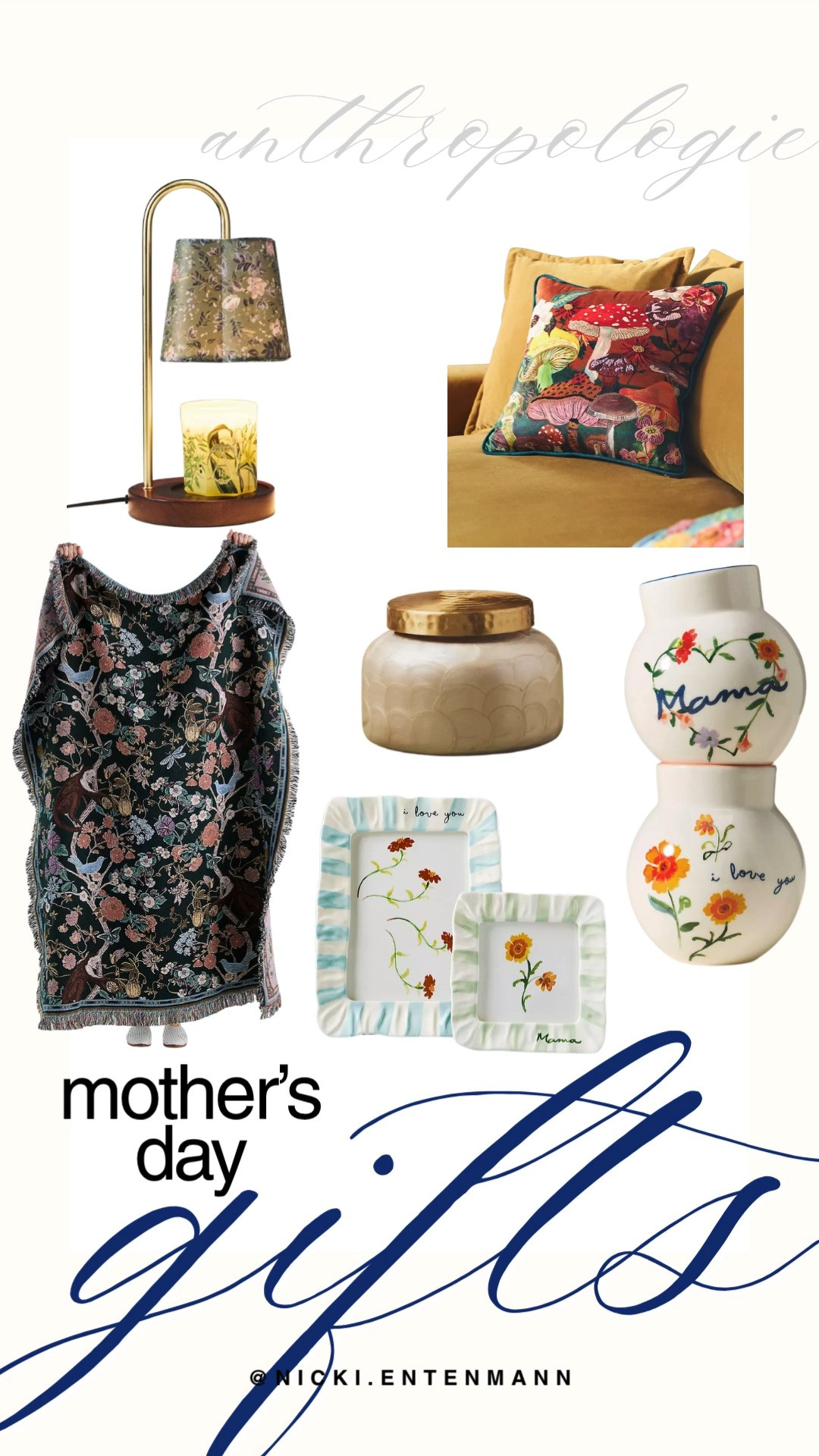 Surprise Mom with a touch of bohemian elegance this Mother's Day from Anthropologie's stunning home collection. This curated selection features beautiful floral-patterned throws, whimsical mushroom-accented pillows, and elegant brass candle warmers that double as stylish decor. For a personal touch, choose from charming "Mama" ceramic vases or delicate "I love you" trinket trays with scalloped edges. These high-quality pieces offer a thoughtful way to elevate her favorite space with timeless, artistic flair.

#anthropologie #anthroliving #mothersdaygifts #giftideasformom #homedecor #giftguide #anthropologiehaul #mothersdaygiftideas #bohohome #springaesthetic 

 #LTKMothersDay #LTKmomlife #LTKHome