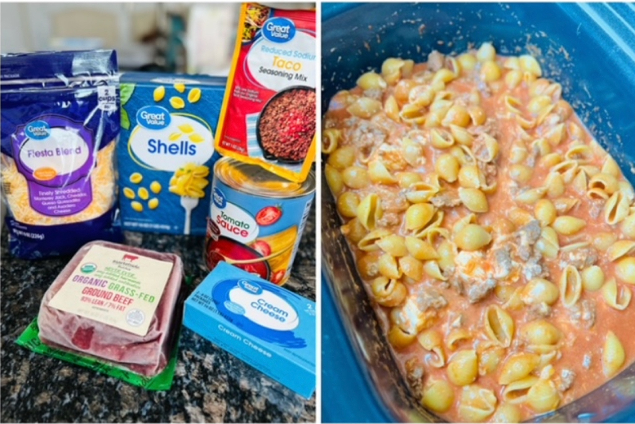 An easy, hearty family meal for fall using low-price, quality private brands from Walmart!!
#sponsored
#Walmart

🌮SLOW COOK TACO PASTA🌮
• Cook ground beef thoroughly
• Add ground beef, (1) 13oz can of tomato sauce, one packet of taco seasoning and 1 cup of water to slow cooker and stir 
• Cook on high for 1 hour 
• Cook shell noodles until al dente (about 8 minutes)
• Add noodles, 1 cup of shredded cheese, 1/4 cup of water, 1/2 block of cream cheese (cut into cubes) to slow cooker and stir 
• Cook on low for another hour 
• Serve with shredded cheese and sour cream and enjoy! 