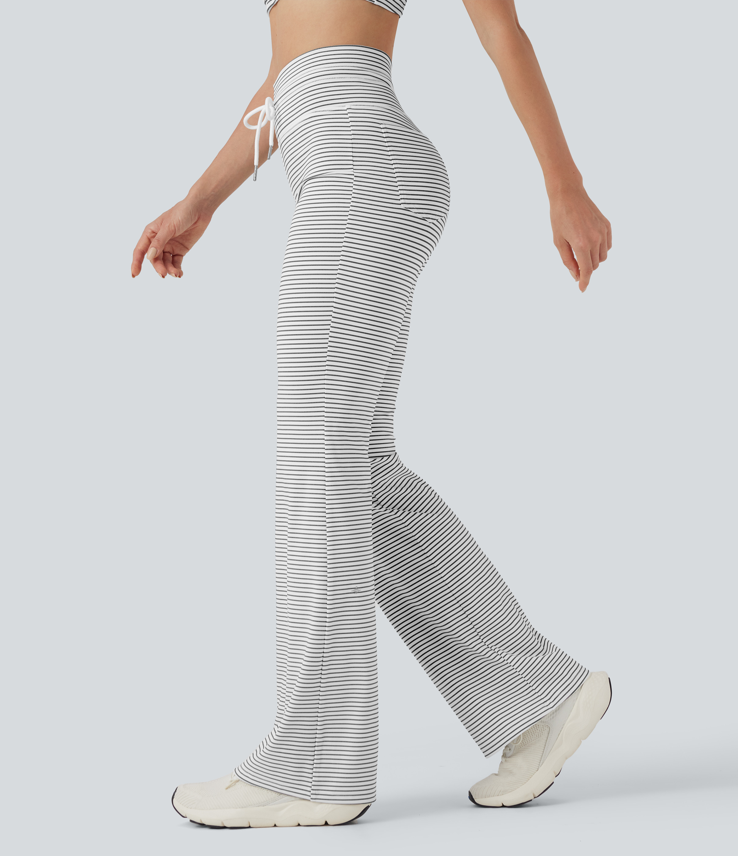High Waisted Drawstring Stripe Flare Yoga Pants with Pockets | HALARA