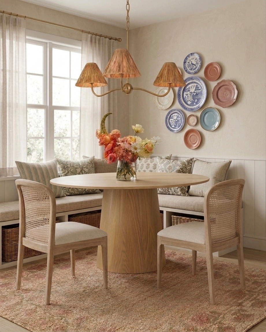 The round wood pedestal dining table I keep coming back to 🤎 Styled here in a collected, cottage-style breakfast nook with light wood cane dining chairs and a colorful hanging plate wall.

- Solid wood pedestal table base — sturdy, timeless, never trendy-then-dated
- Round dining table shape maximizes seating in a small breakfast nook
- Light wood tone pairs beautifully with woven cane dining chairs and a built-in banquette
- Effortless breakfast nook styling — a fresh floral arrangement is all this centerpiece needs

If you're looking for round dining table ideas for a small breakfast nook, this is where I'd start.

#LTKSaleAlert #LTKHome