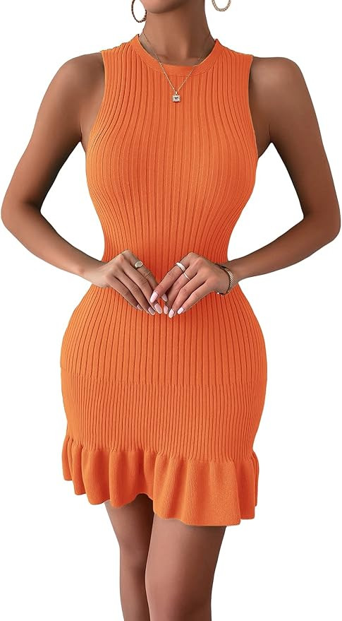 MakeMeChic Women's Sleeveless Ruffle Hem Ribbed Knit Mini Bodycon Sweater Dress | Amazon (US)