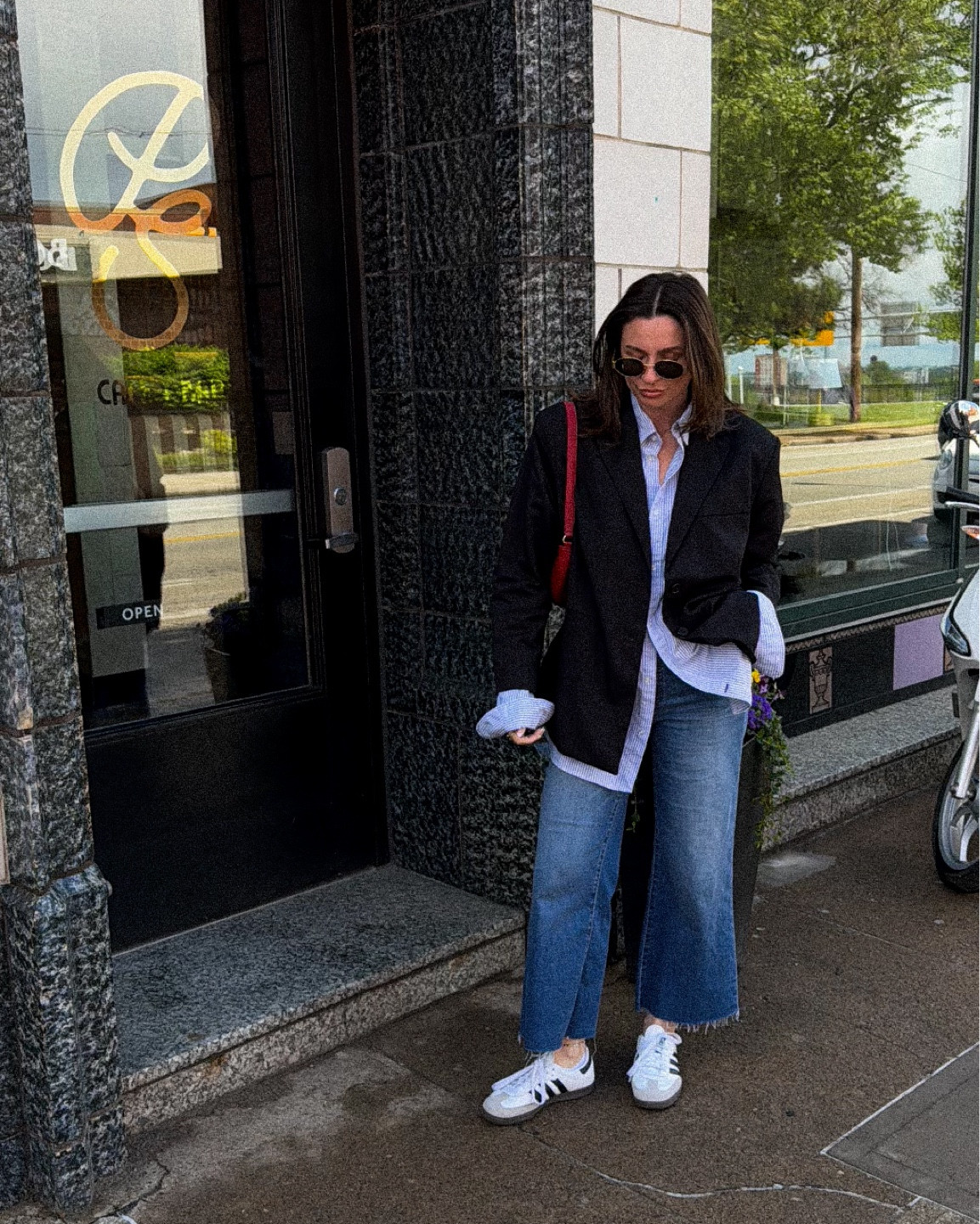 spring outfits, outfit ideas, style guide, style tips, wide leg jeans, adidas sambas, samba dupes, red bag, oversized blazer, striped shirt, capsule wardrobe 

#LTKspring #LTKcanada #LTKstyletip