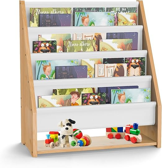 Purbambo Sling Bookshelf for Kids, Bamboo Book Rack with 4 Tier Fabric Shelves, Kids Books Storag... | Amazon (US)