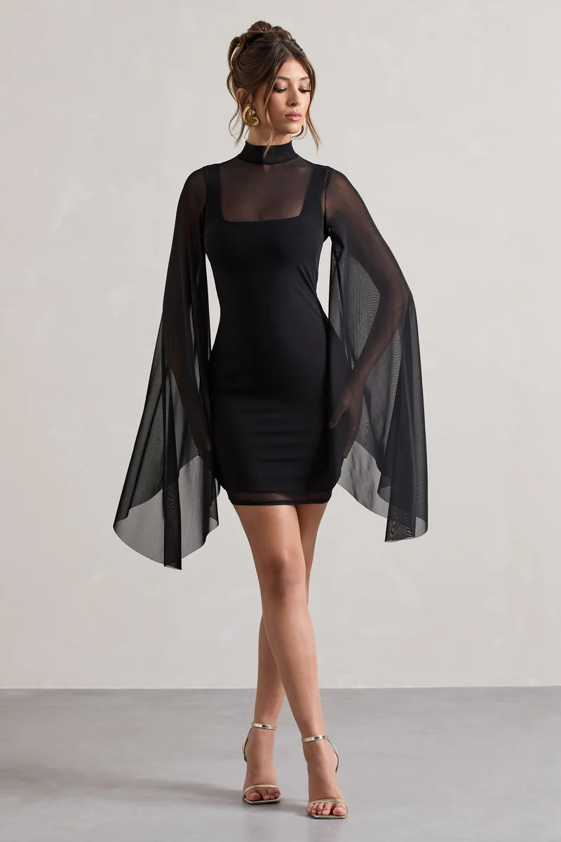 Jenny | Black Mesh High-Neck Cape-Sleeve Mini Dress | Club L London