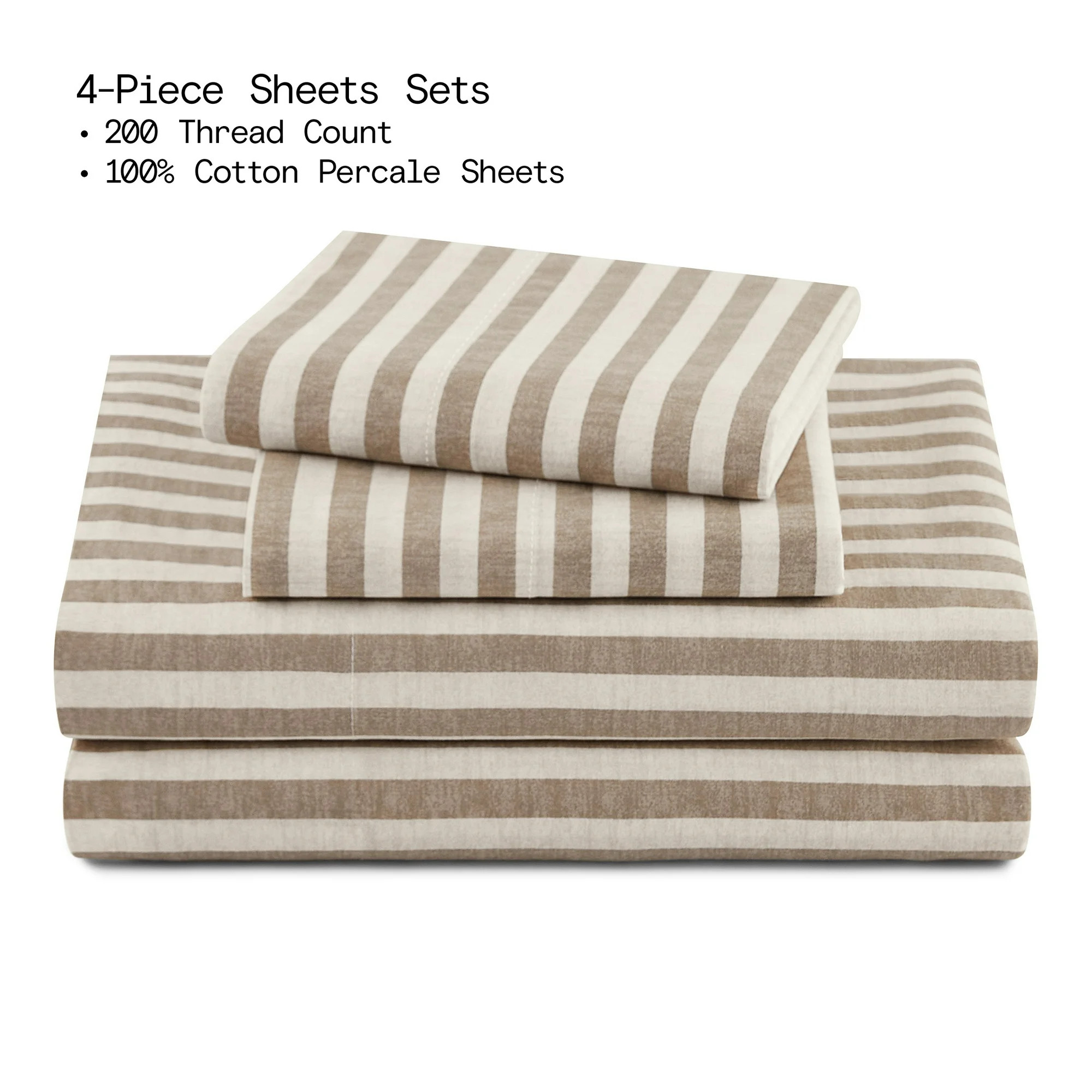 Beautiful Striped 4-Piece 100% Cotton Washed Percale Natural Sheet Set, Queen by Drew Barrymore | Walmart (US)