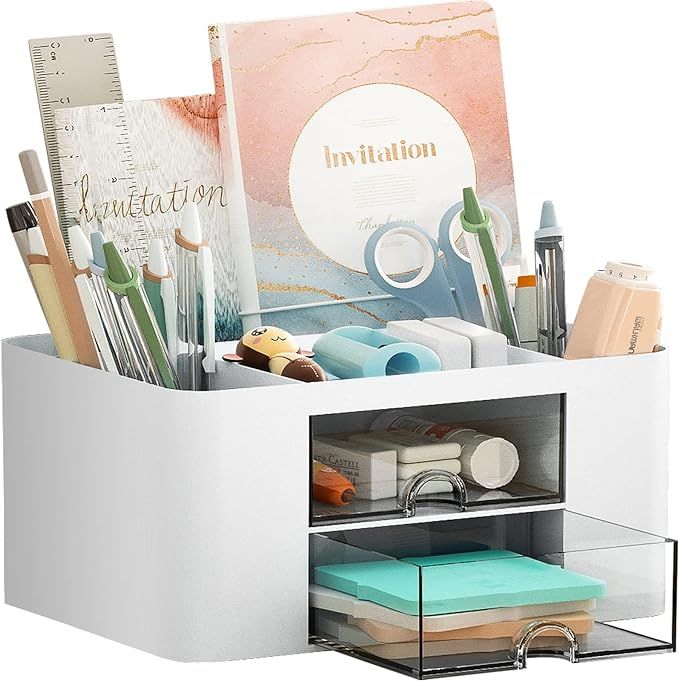 Marbrasse Pen Organizer with 2 Drawer, Multi-Functional Pencil Holder for Desk, Desk Organizers a... | Amazon (US)