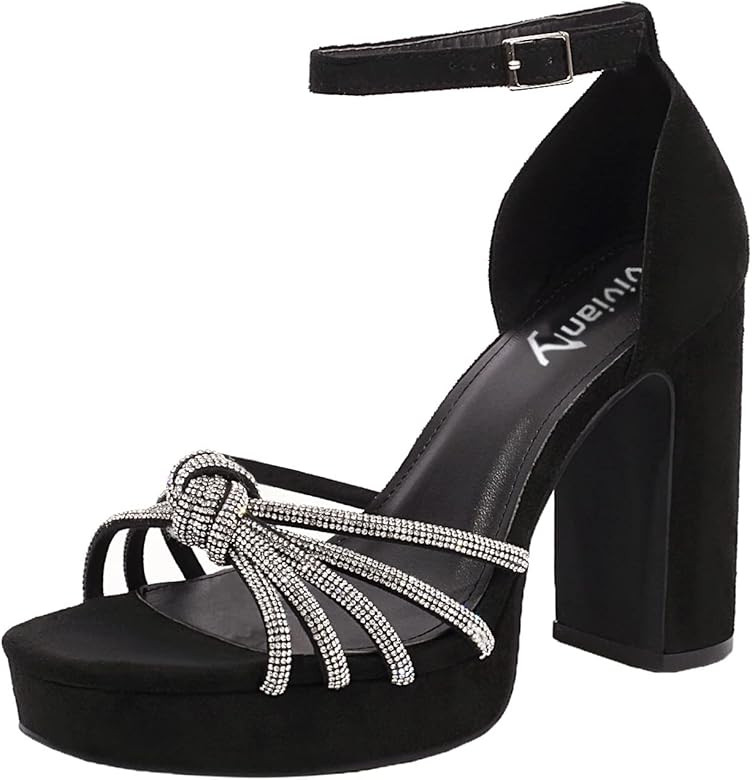 vivianly Women's Rhinestone Platform Chunky Heels Square Toe Suede High Heeled Sandals Ankle Stra... | Amazon (US)