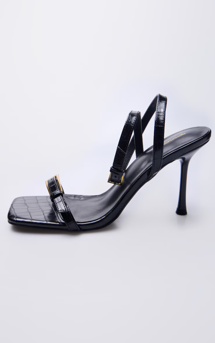 Black Croc Double Buckle High Stiletto Heel Sandals | PrettyLittleThing US