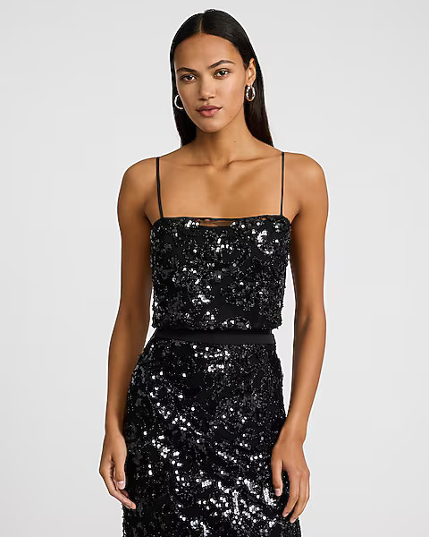 Printed Sequin Square Neck Sleeveless Bodysuit | Express