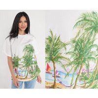 Beach T-Shirt 90S Tropical Island Shirt Palm Tree Hammock Graphic Tee Surfer Tshirt Front Back Print Cotton White Vintage 1990S Medium Large | Etsy (US)