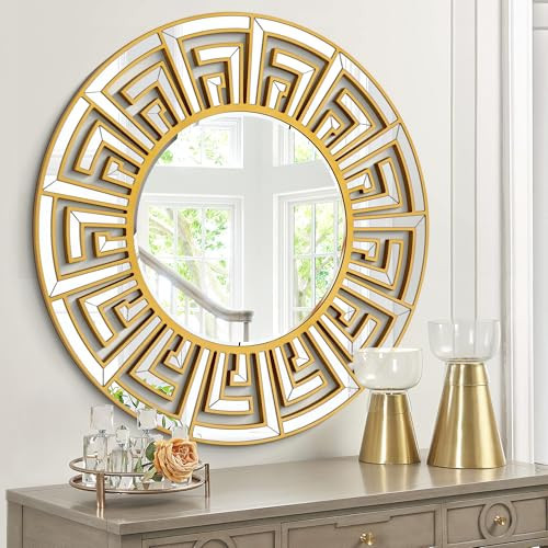 Autdot Large 35.5"x35.5" Round Mirrors for Wall Decor with Gold Geometric Pattern, Beveled Edge, Gold Decorative Mirror for Retro Living Room, Stylish Entryway, Bedroom and Bathroom | Amazon (US)