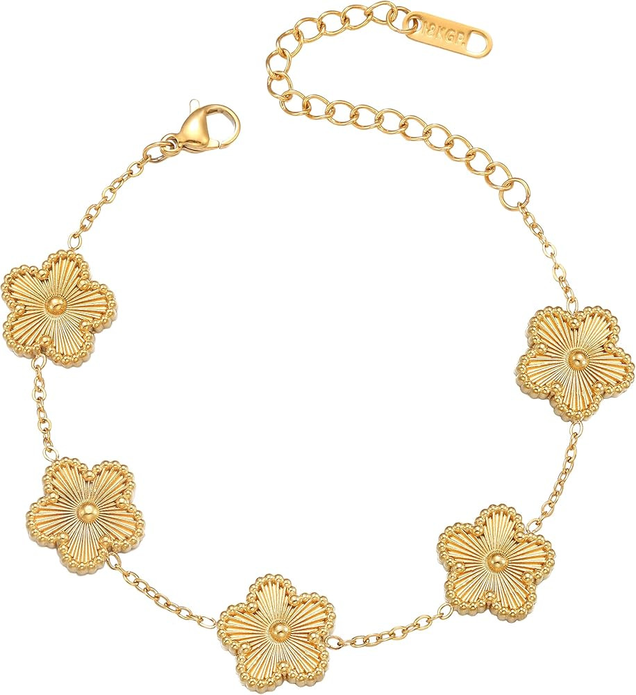 Clover Bracelet for Women 18K Gold Plated Four Leaf Flower Lucky 4 Leaf Link Bracelet Jewelry Gif... | Amazon (US)