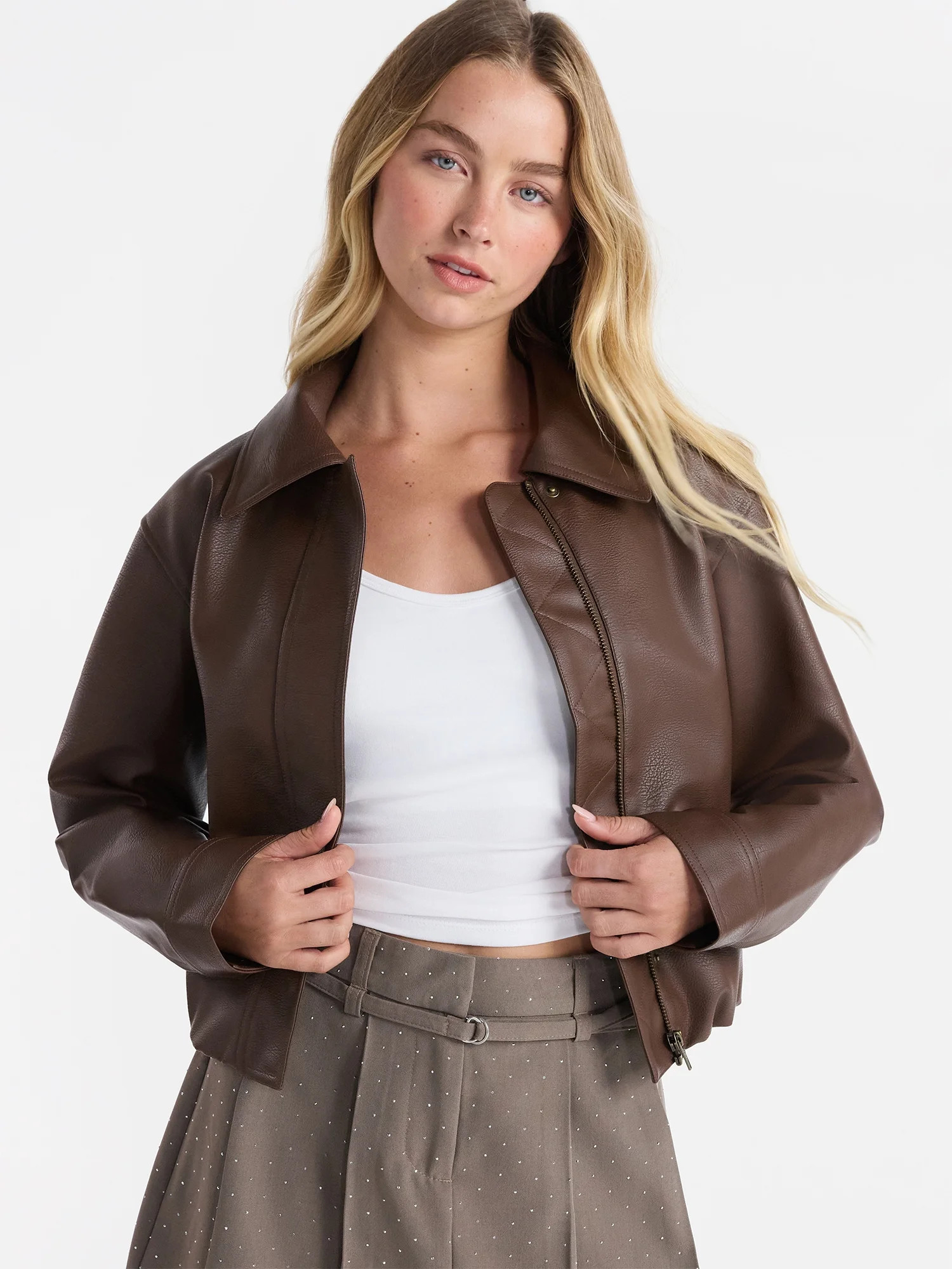 No Boundaries Bubble Hem Faux Leather Bomber Jacket, Women's | Walmart (US)
