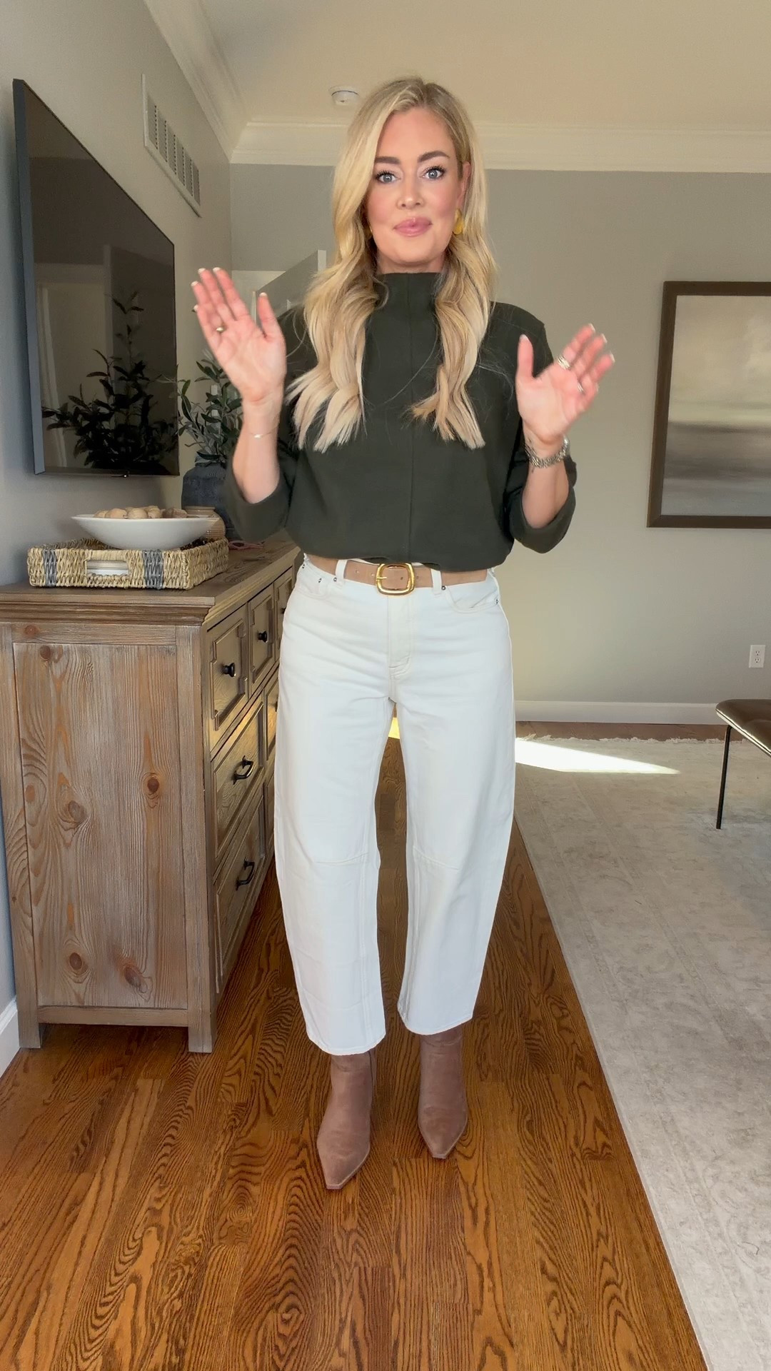 Wearing a medium in the top (sized up one), a 25 in the jeans (sized down one) & booties fit true to size 

#LTKgrwm #LTKSeasonal #LTKootd