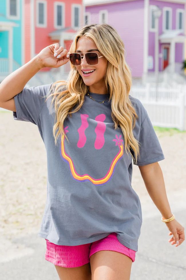 Retro Smiley Grey Oversized Graphic Tee | Pink Lily