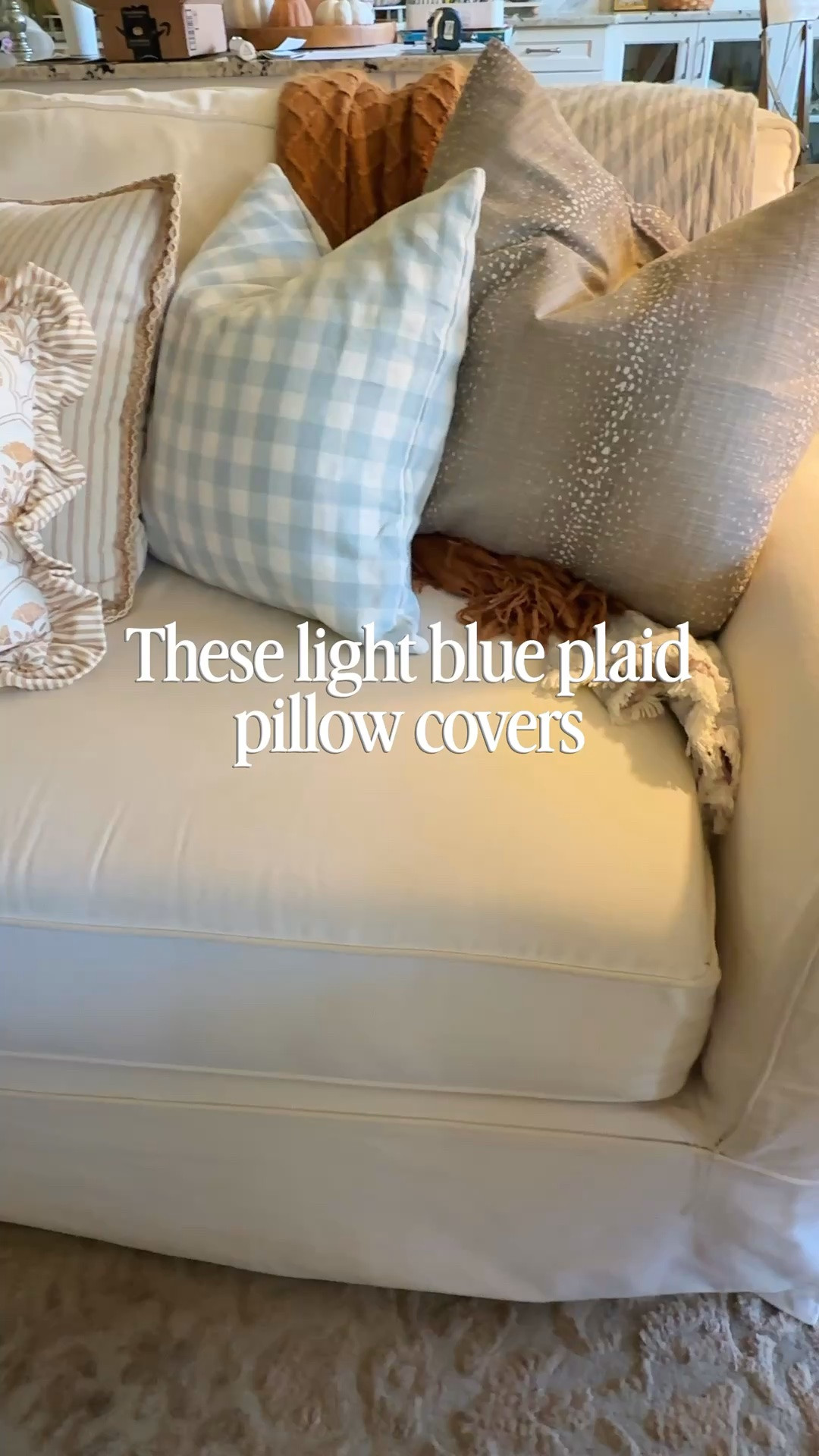 I can’t believe I haven’t thought of bringing blue into my fall decor yet! But I love the way it’s working. 
Balancing light blue plaid pillows and throws with rust and taupe browns still says fall to me. 
My affinity for French flair in my decor carries true in my dining chairs and plaid light blue….as well as the rustic light wood tones.

#LTKHome