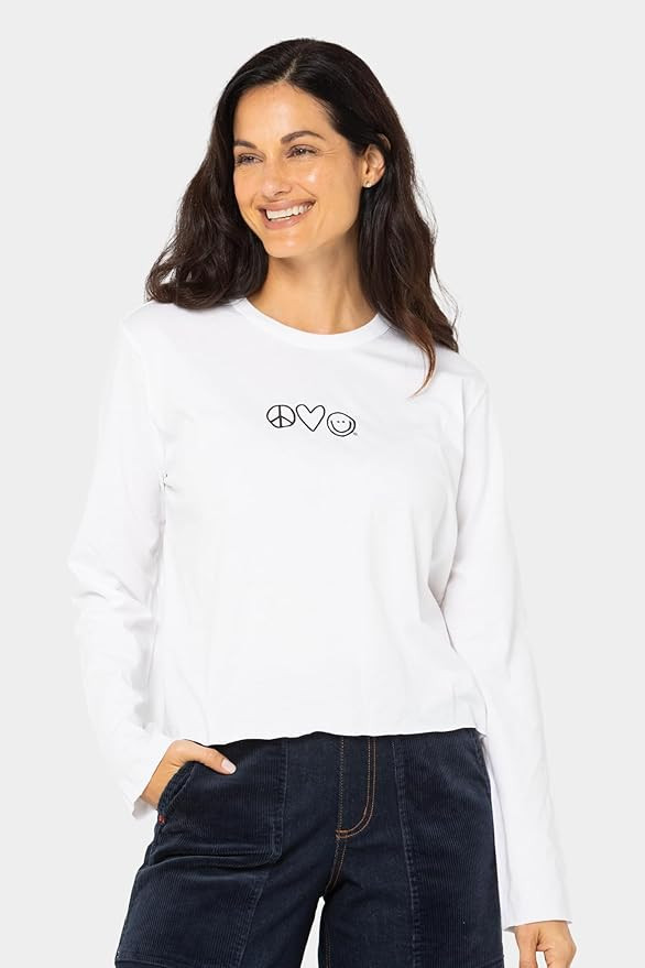 Peace Love World Cotton Long Sleeve Logo Tee, Monochromatic White, XS-XL, Oversized Fit, Cropped ... | Amazon (US)