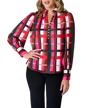 CROSBY by Mollie Burch Leland Holiday Plaid Print Stand Split V Collar Top | Dillard's | Dillard's