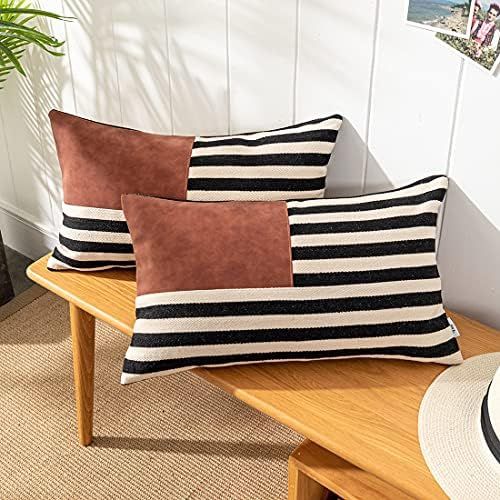 Vfuty Set of 2 Decorative Modern Throw Pillow Covers Black Striped Boho Cushion Covers Faux Leath... | Amazon (US)