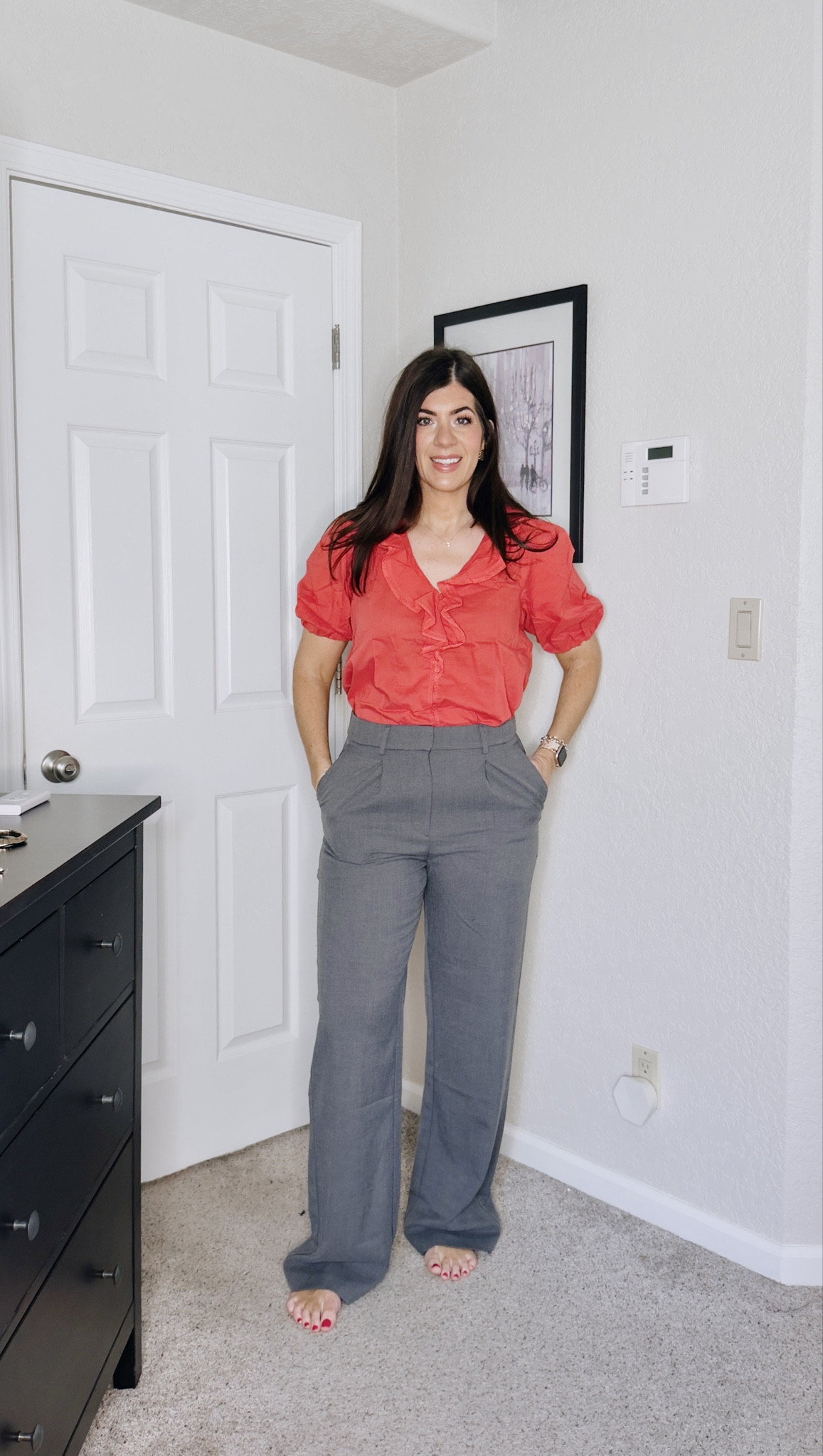Old navy try in
In a medium ruffle blouse and tall 8 adjustable waist trouser 

#LTKOver40 #LTKSaleAlert #LTKMidsize