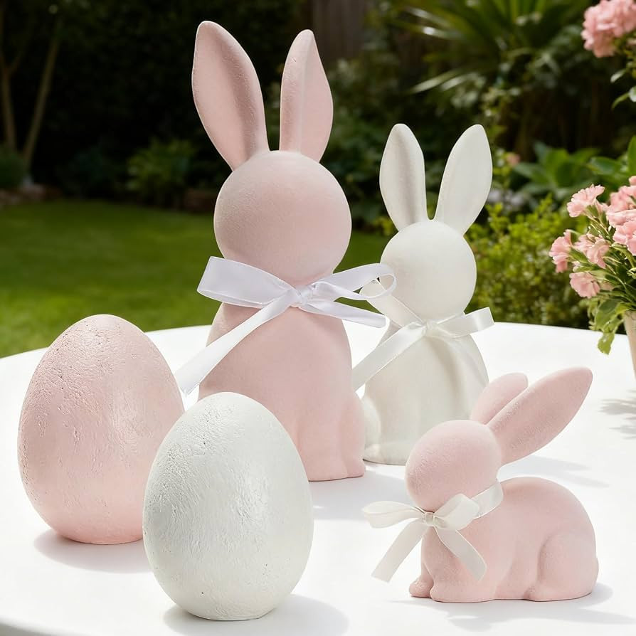 WDS WONDROUS Easter Decorations Set of 5, 3 Flocked Bunny Figurines & 2 Egg Statues, Resin Sculpt... | Amazon (US)